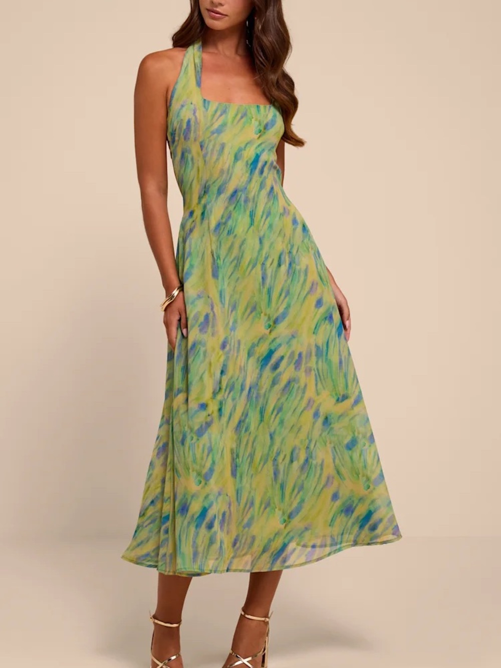 Lulu’s Green Multi Abstract Halter Midi Dress - NWT